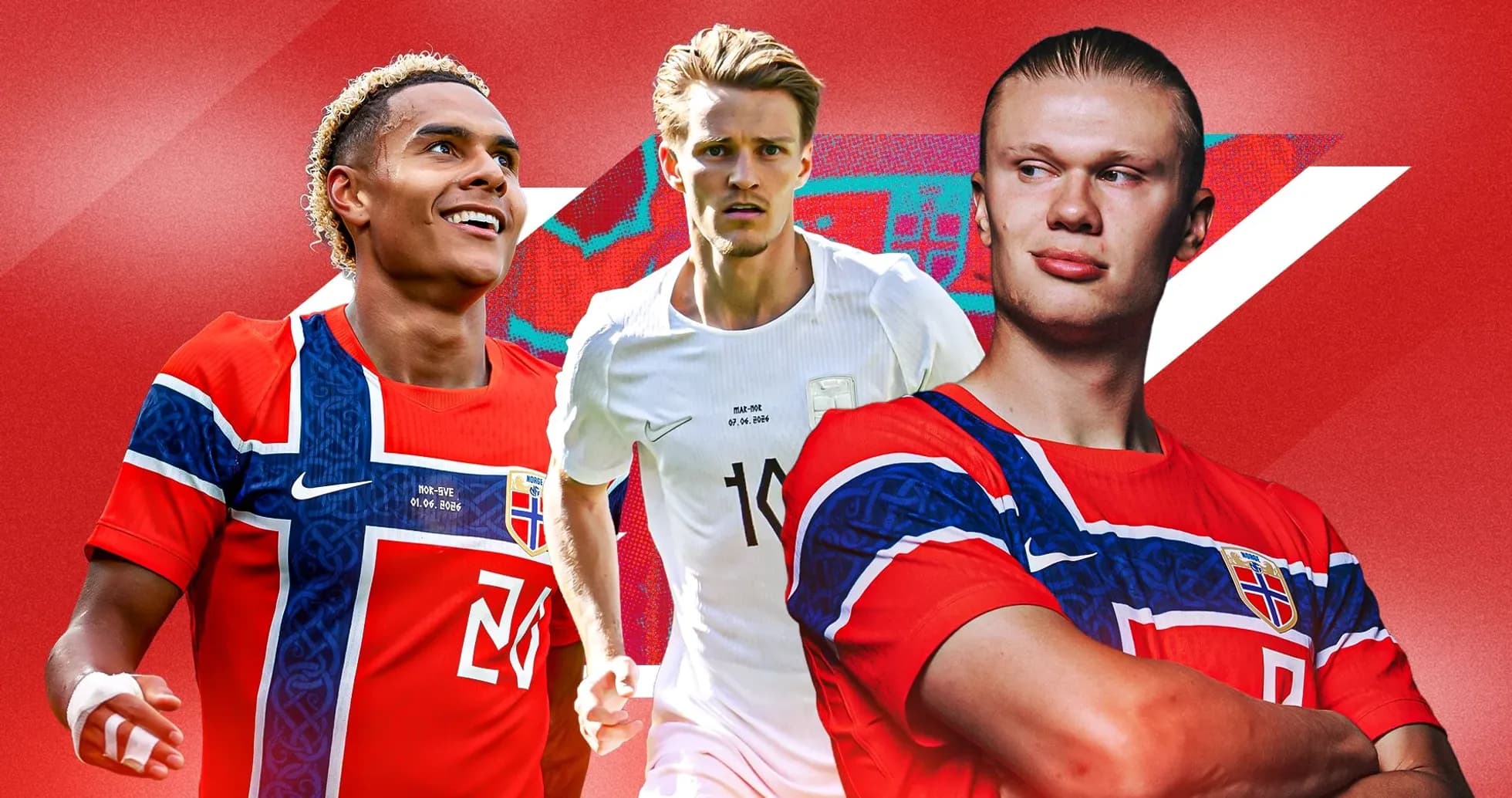 Jugadores de Noruega en camiseta nacional con fondo rojo