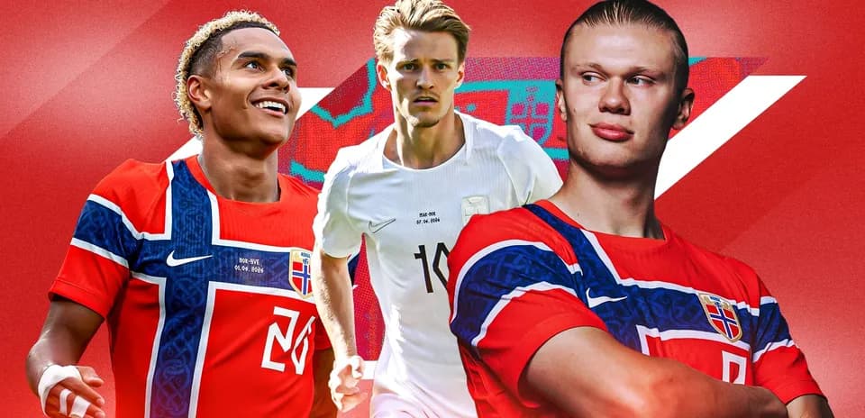 Jugadores de Noruega en camiseta nacional con fondo rojo