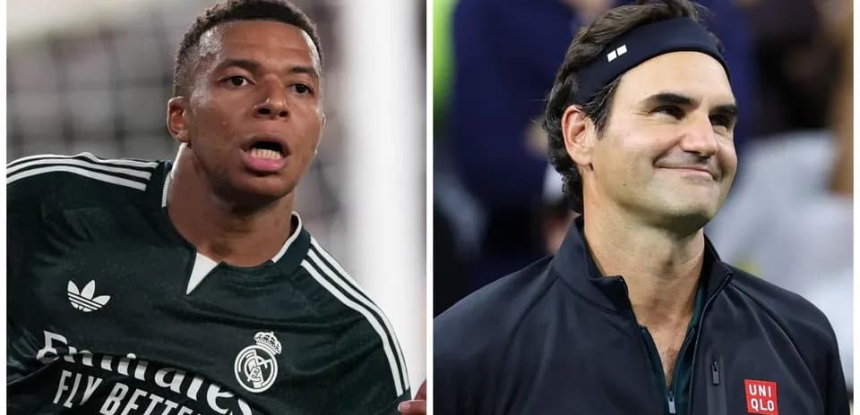 Kylian Mbappé en uniforme del Real Madrid y Roger Federer