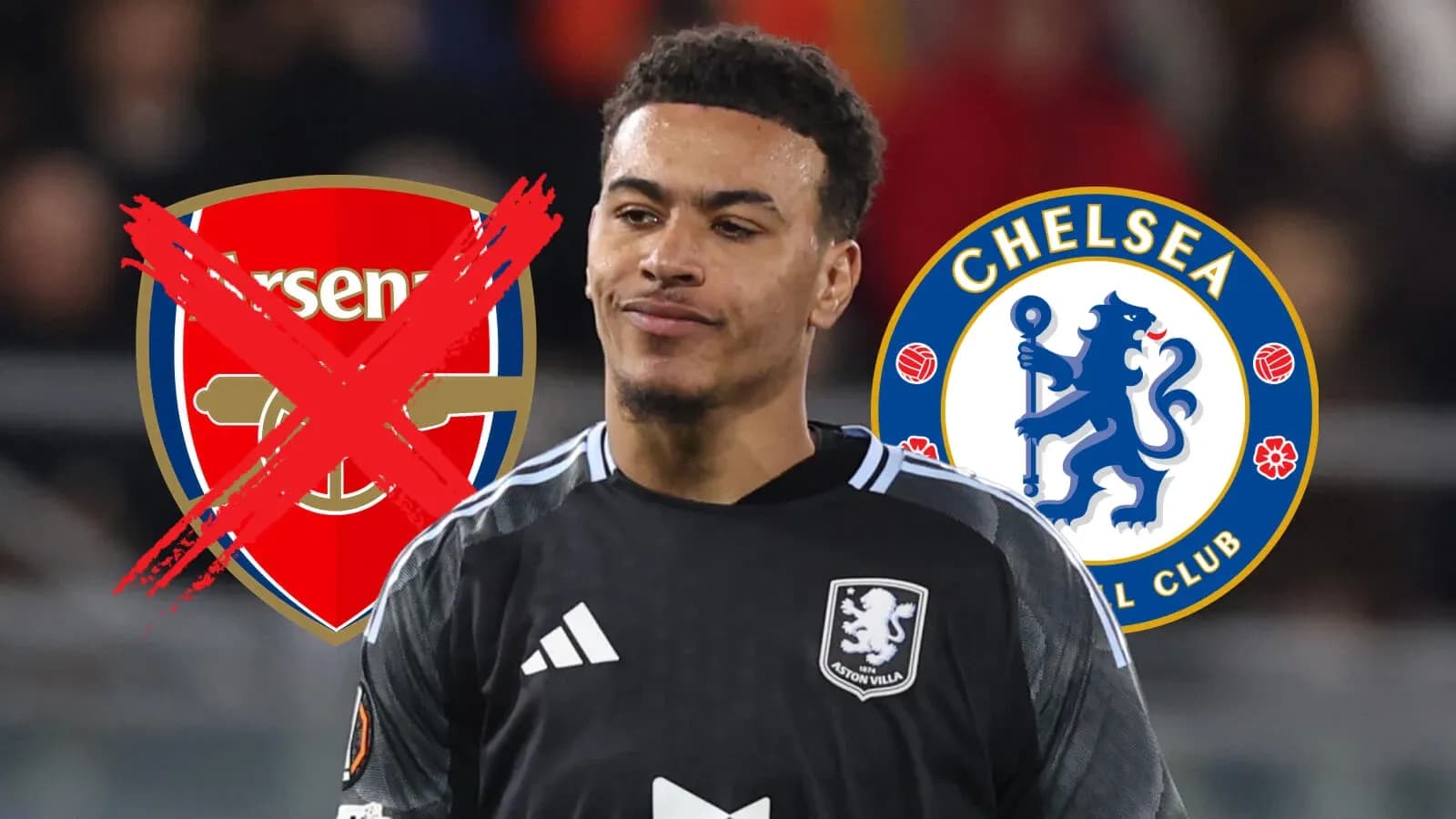 Jugador con camisón de Aston Villa entre logos de Arsenal y Chelsea