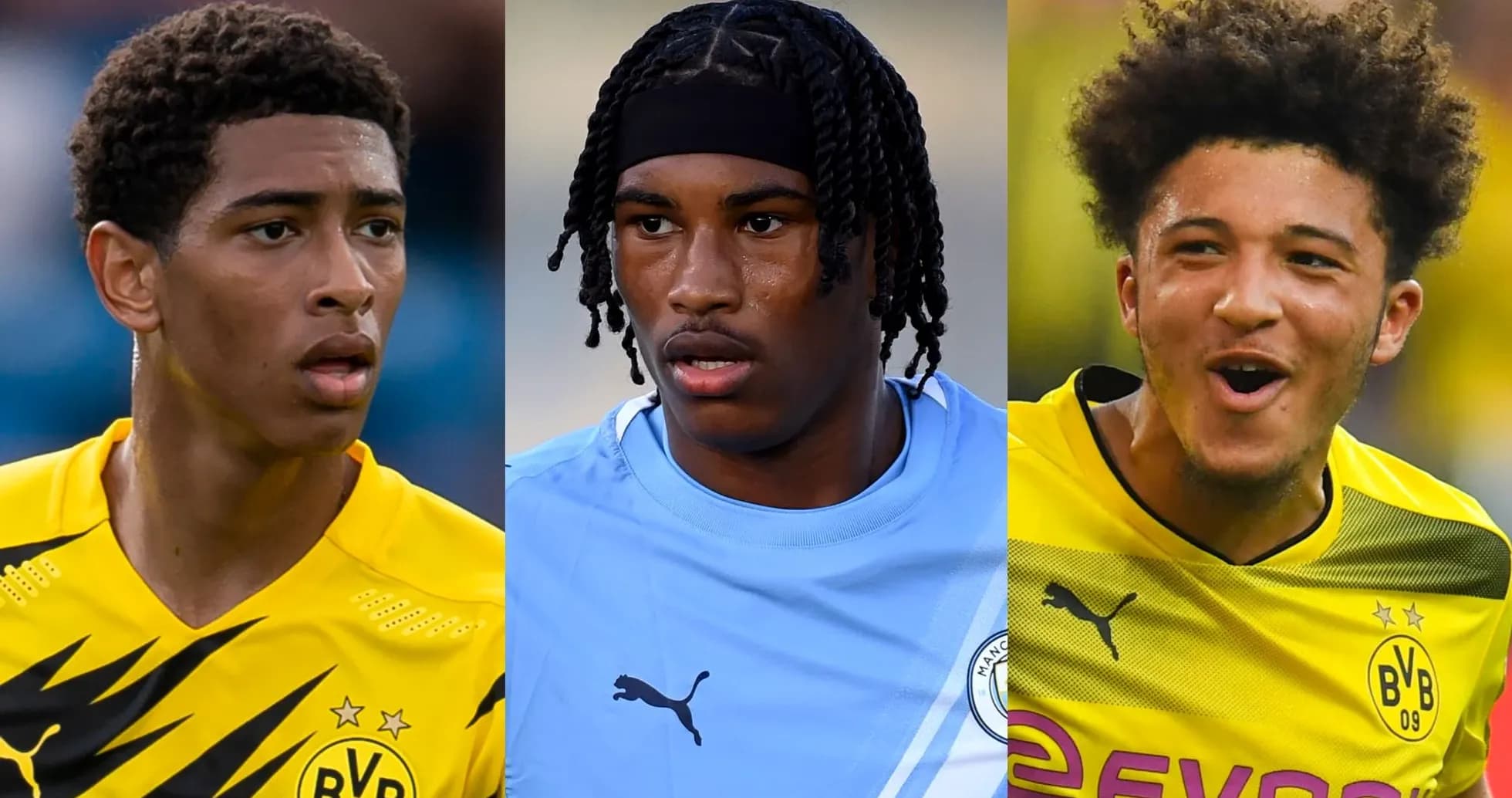 Tres jugadores de fútbol en uniformes de equipo