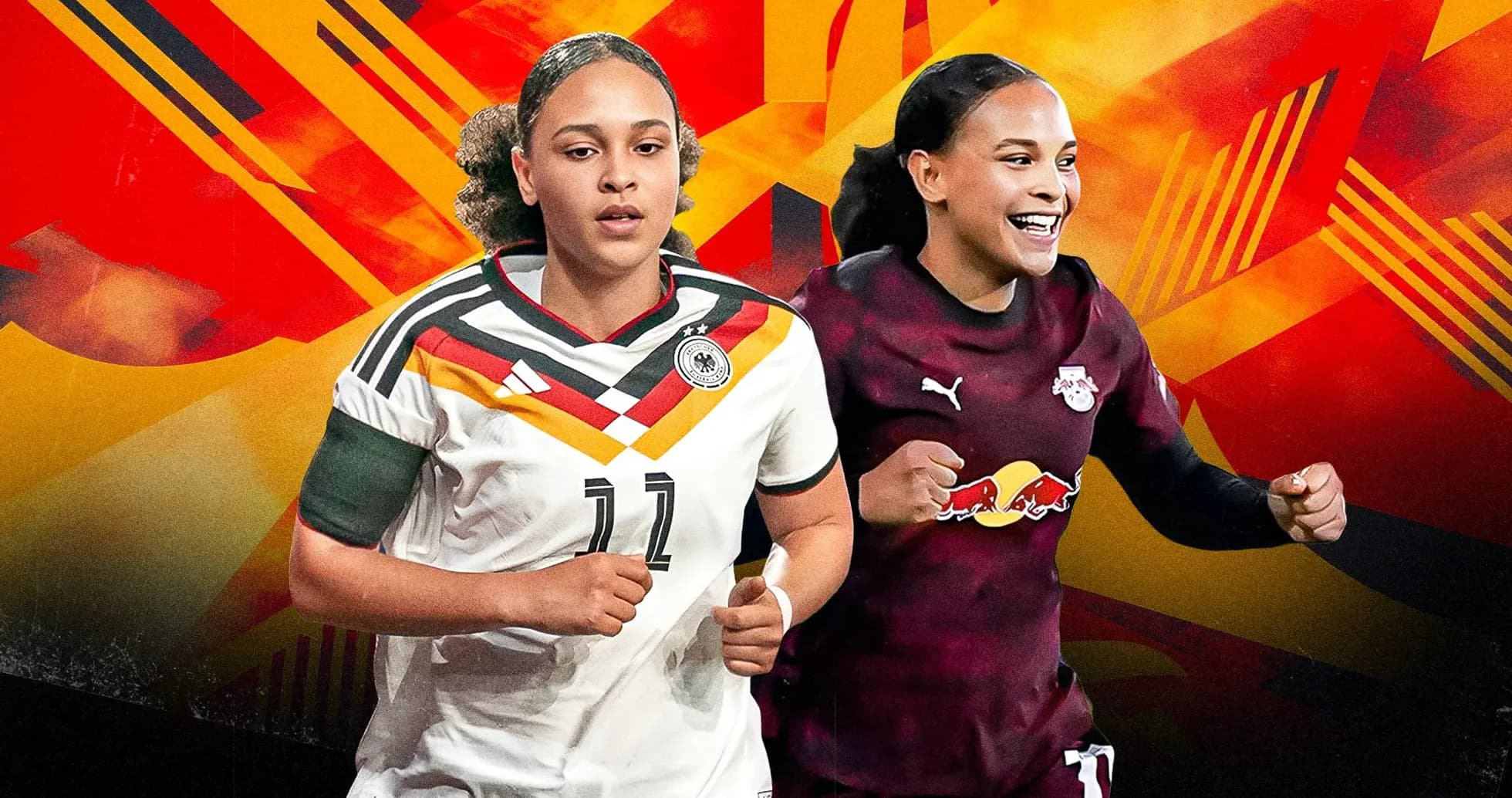 Jugadoras de fútbol en uniformes de Alemania y Red Bull
