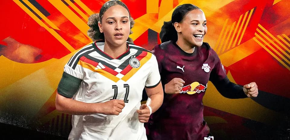 Jugadoras de fútbol en uniformes de Alemania y Red Bull