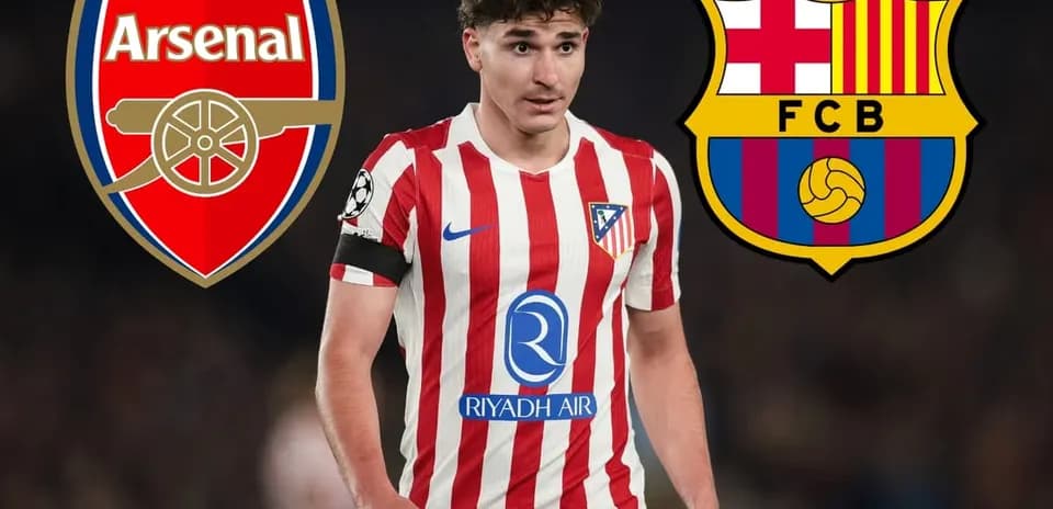 Jugador de Atlético de Madrid entre logos de Arsenal y Barcelona