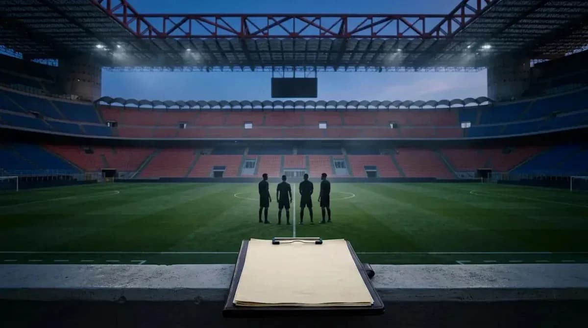 Árbitros discutiendo en un estadio vacío