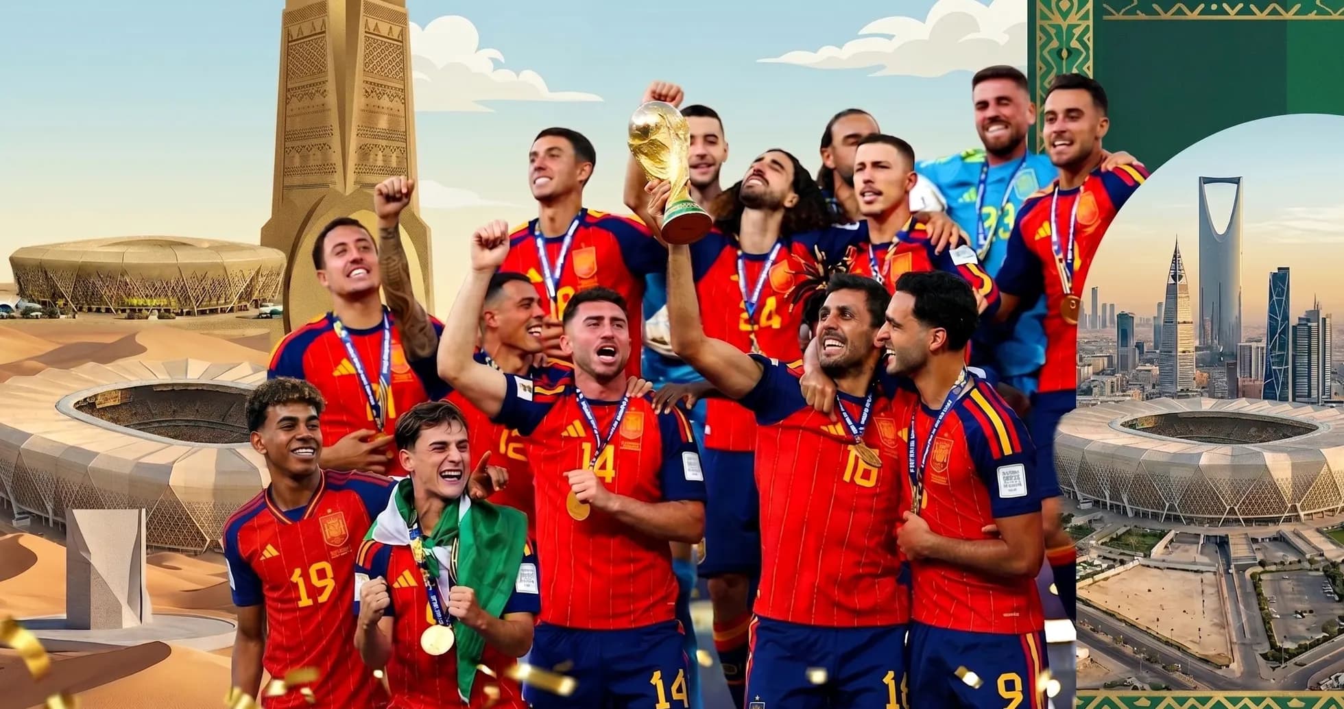 Equipo de España celebrando con la Copa del Mundo