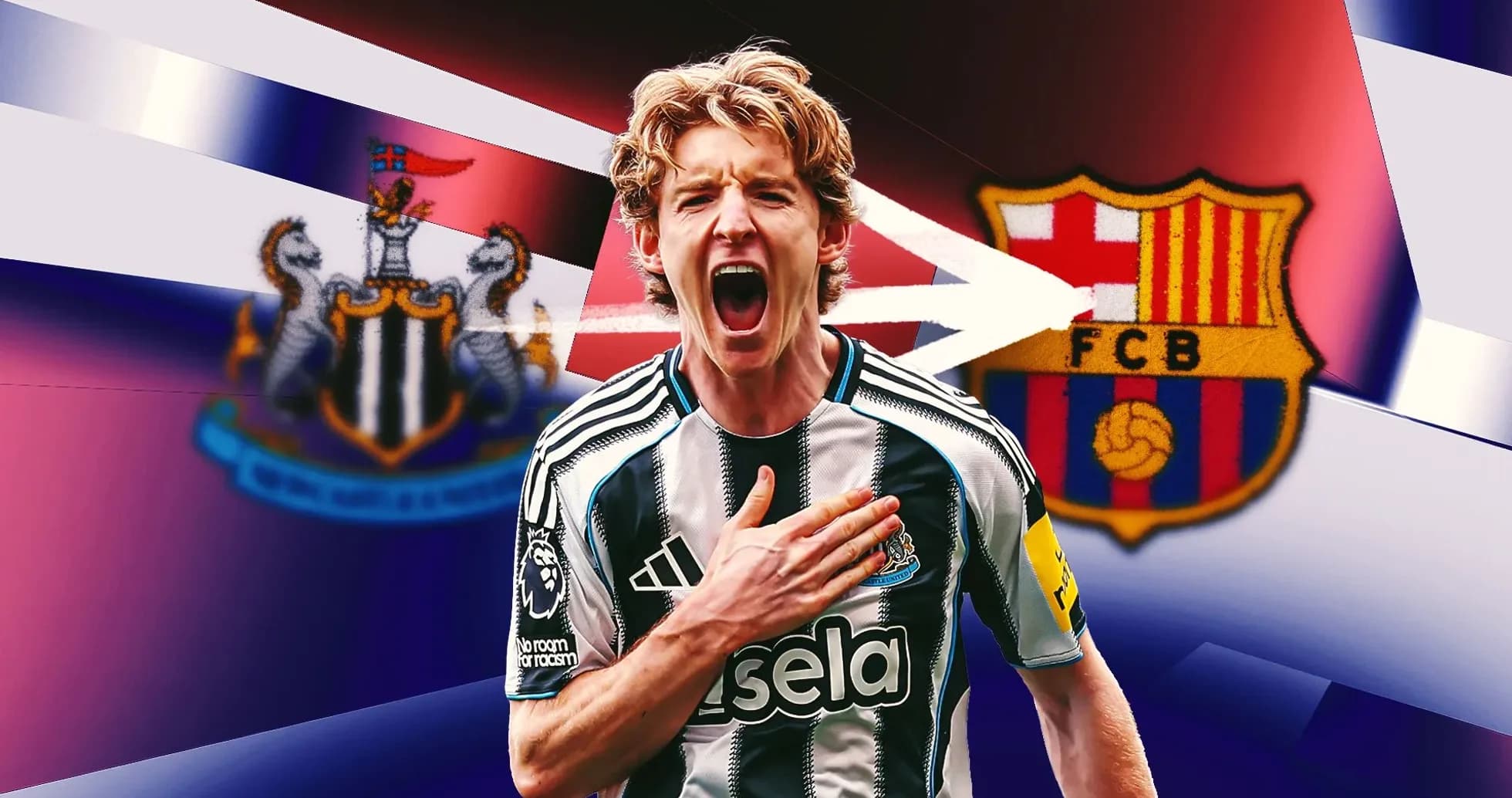 Jugador de Newcastle celebrando frente a escudos de clubes