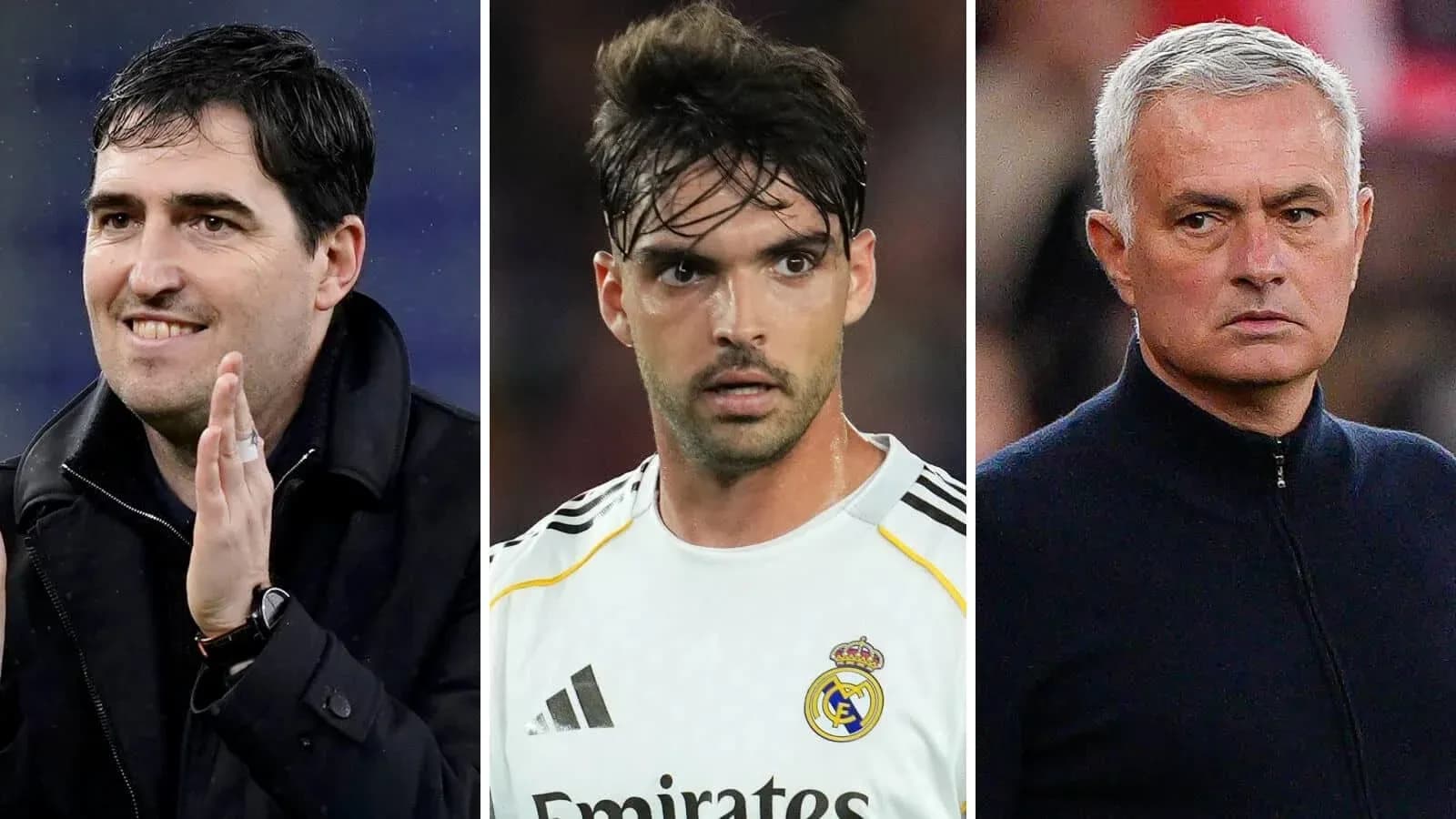 Tres figuras del fútbol en retratos separados