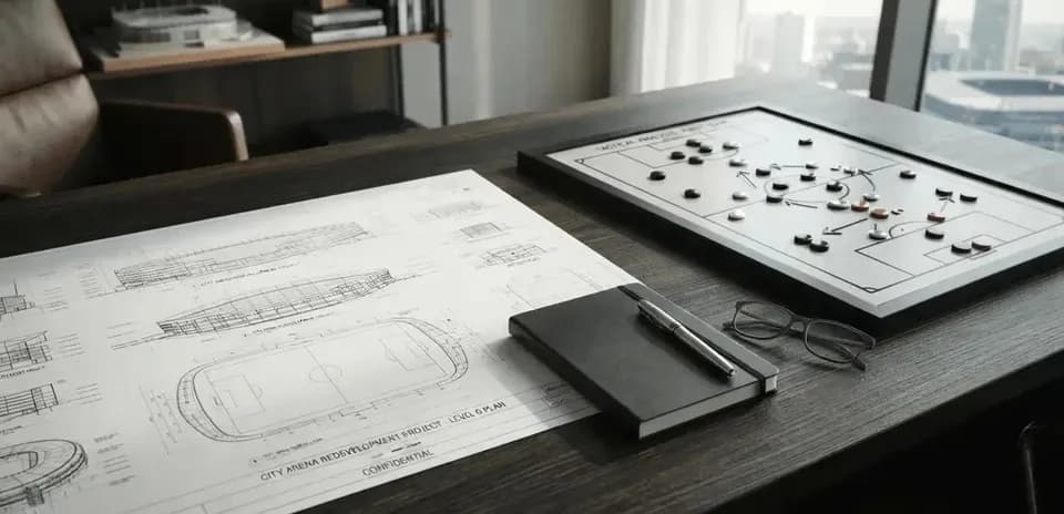 Planos y tablero táctico en mesa de oficina