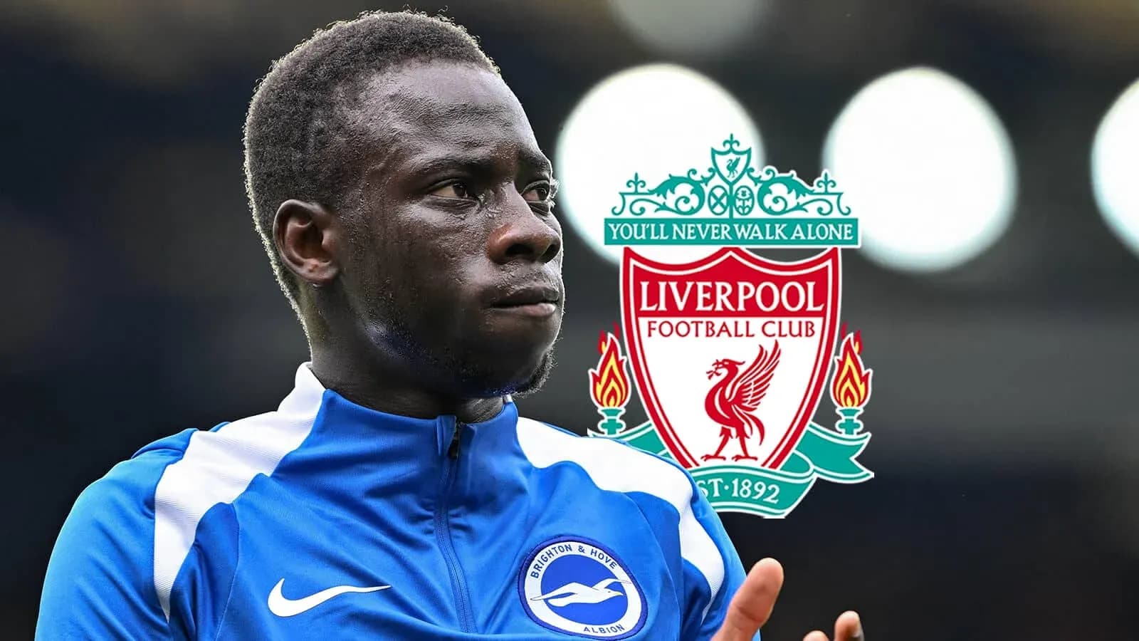 Jugador de Brighton con logo de Liverpool de fondo