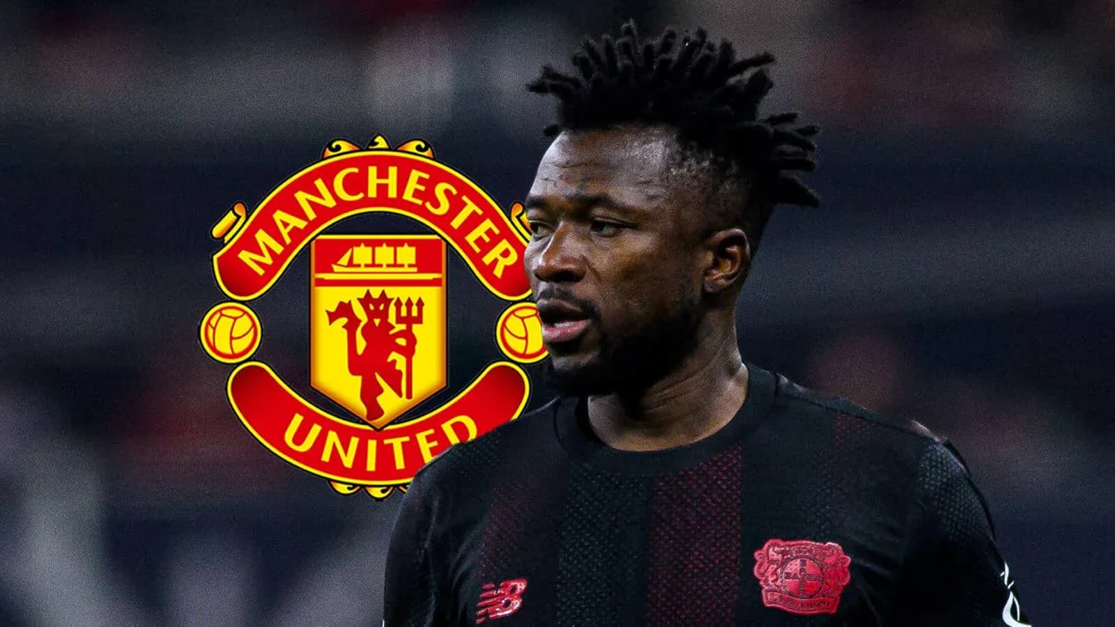 Jugador de fútbol con logo de Manchester United detrás
