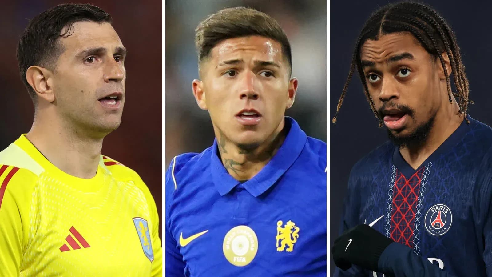 Tres futbolistas posando en diferentes uniformes de equipo