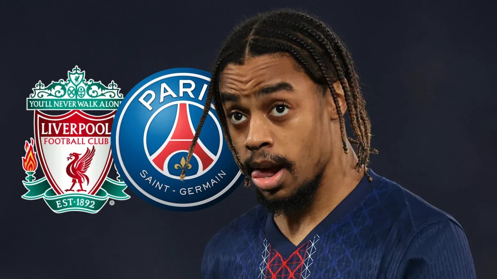 Jugador de PSG con logos de Liverpool y PSG