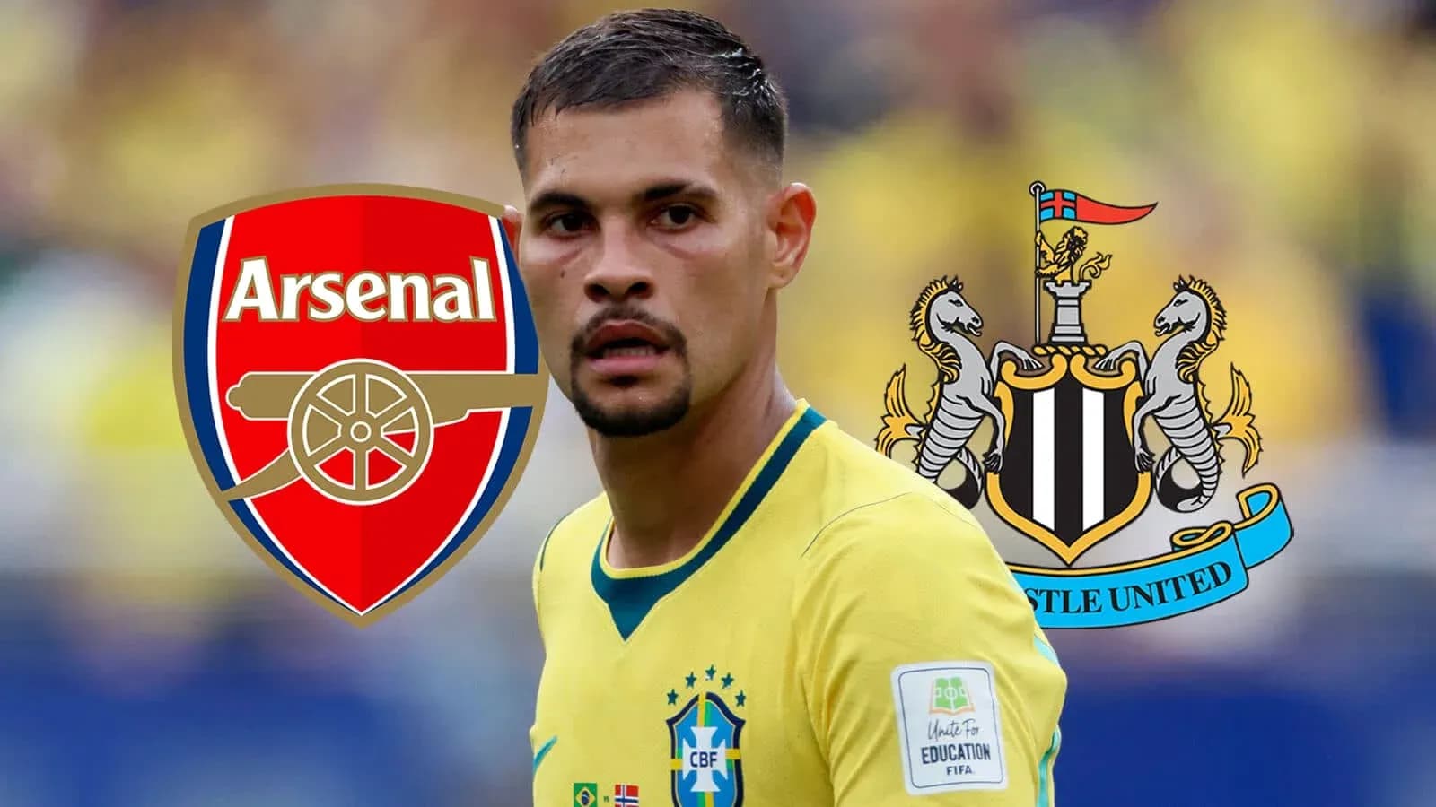 Jugador brasileño con logos de Arsenal y Newcastle