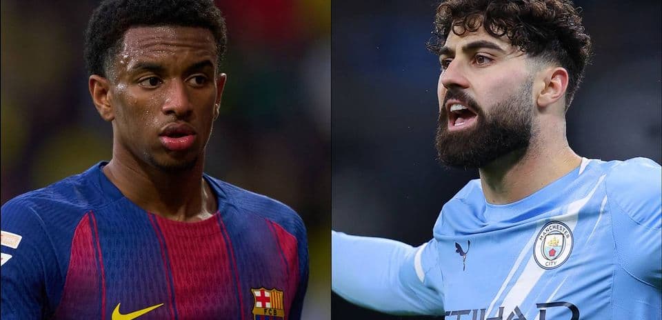 Jugadores de FC Barcelona y Manchester City en acción