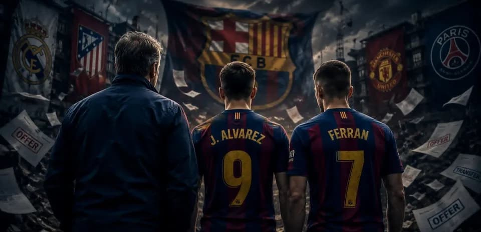 Jugadores de Barcelona frente a banderas de clubes rivales