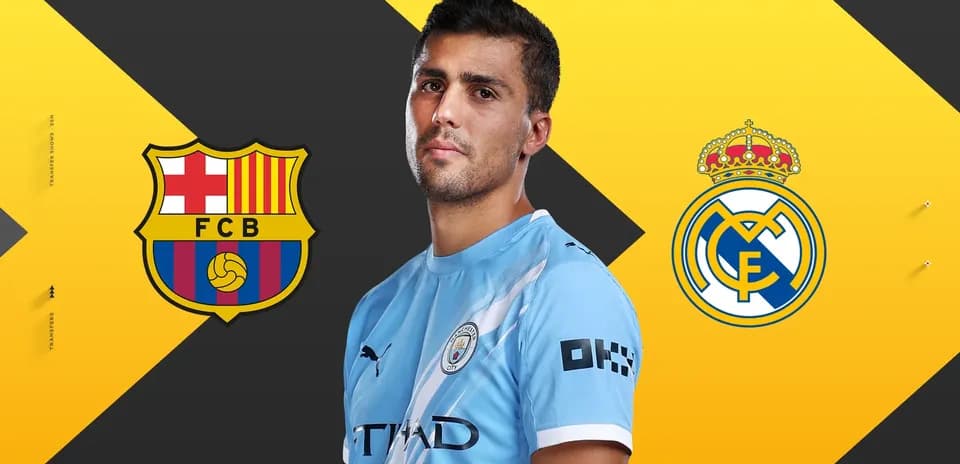 Jugador de fútbol con camisetas de Barcelona y Madrid