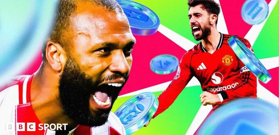Jugadores celebrando goles en fondo colorido