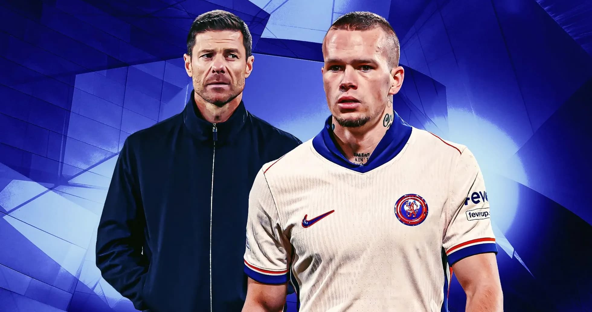 Entrenador y jugador en fondo azul