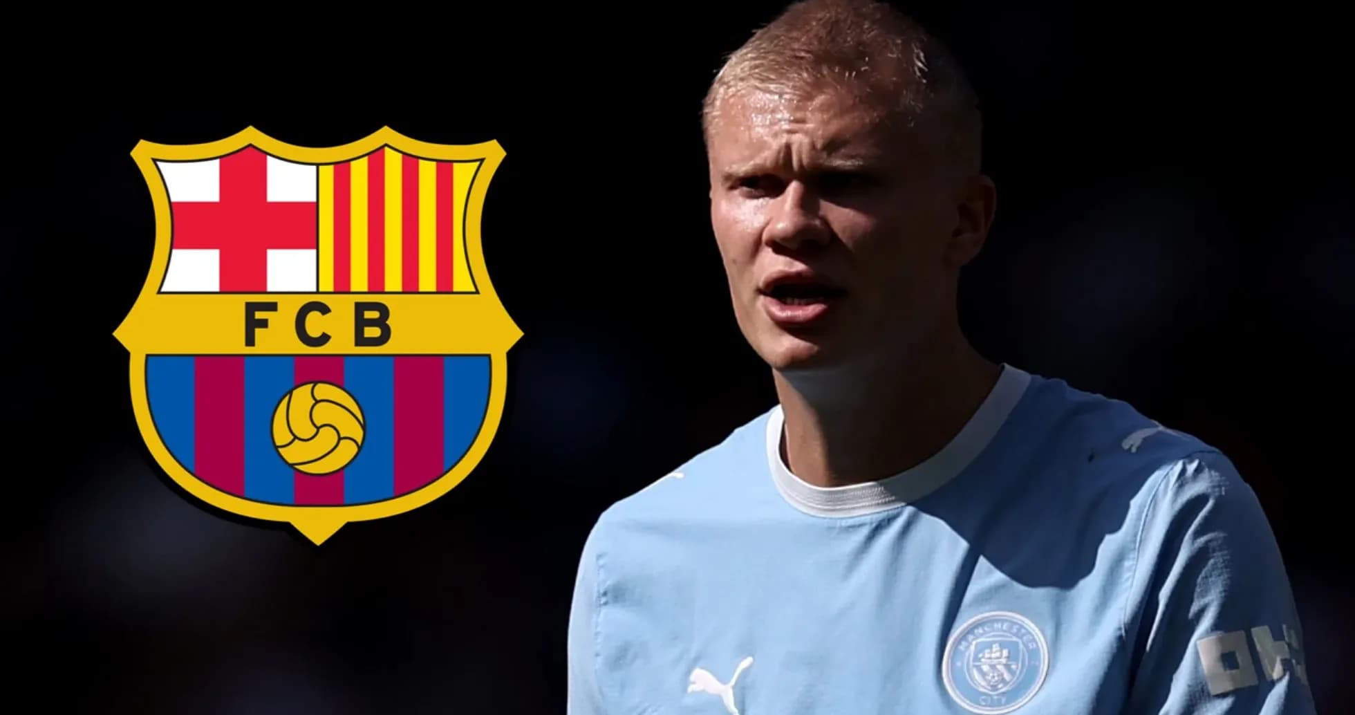 Jugador de fútbol con camiseta de Manchester City y logo de Barcelona Jugador de fútbol con camiseta de Manchester City y logo de Barcelona