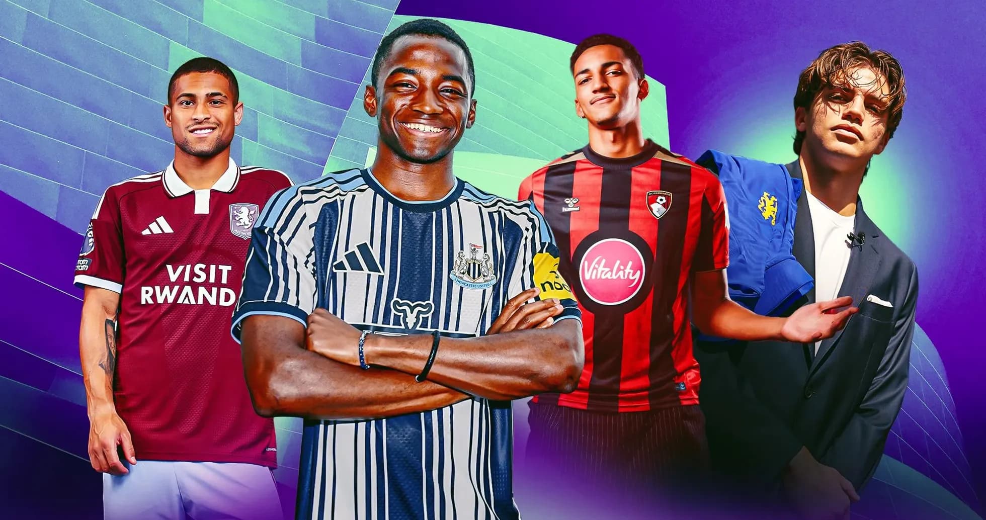 Cuatro jugadores de fútbol en diferentes uniformes Cuatro jugadores de fútbol en diferentes uniformes