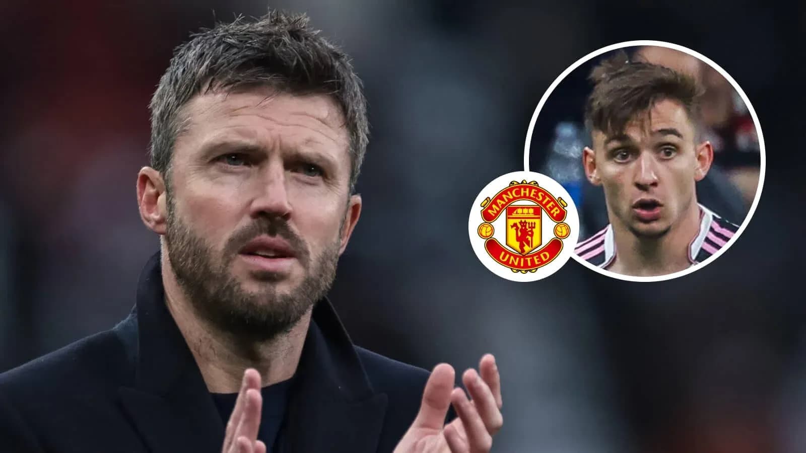 Michael Carrick gesturing with Manchester United logo background Michael Carrick gesturing with Manchester United logo background