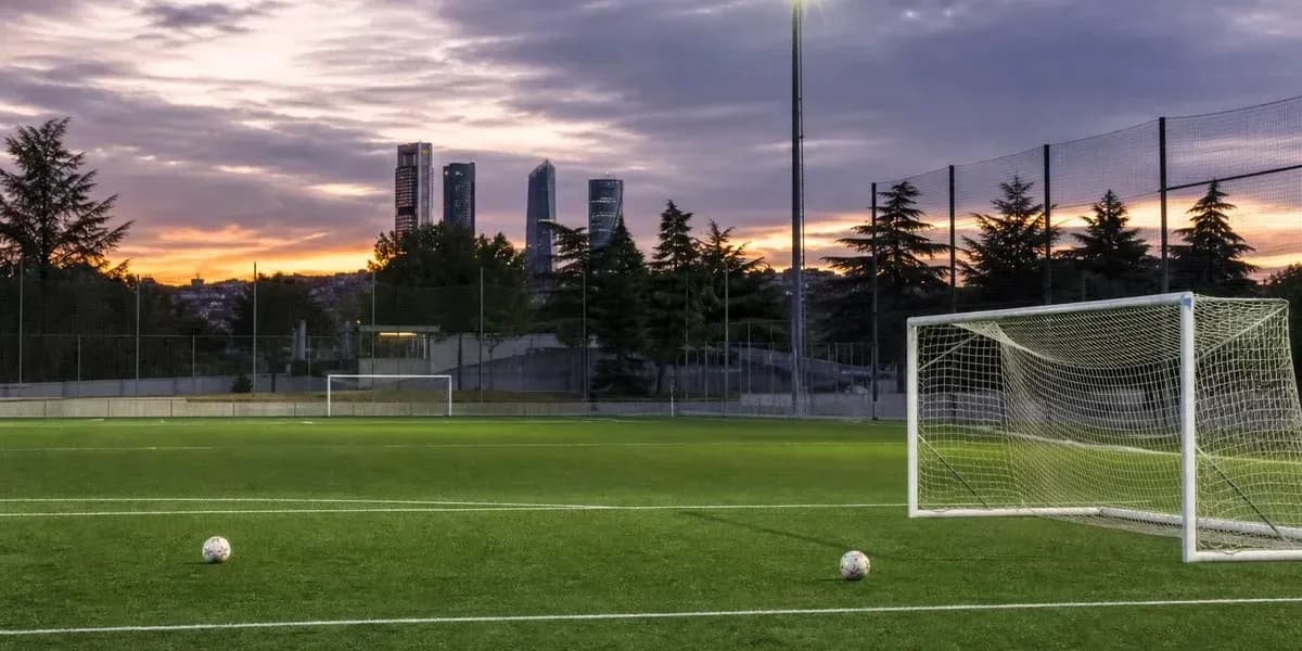Campo de fútbol con pelotas y edificios al fondo Campo de fútbol con pelotas y edificios al fondo