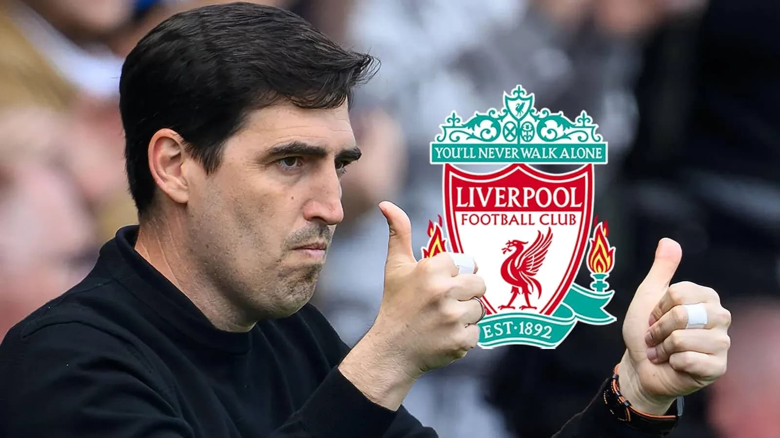 Entrenador dando un pulgar arriba con logo de Liverpool Entrenador dando un pulgar arriba con logo de Liverpool