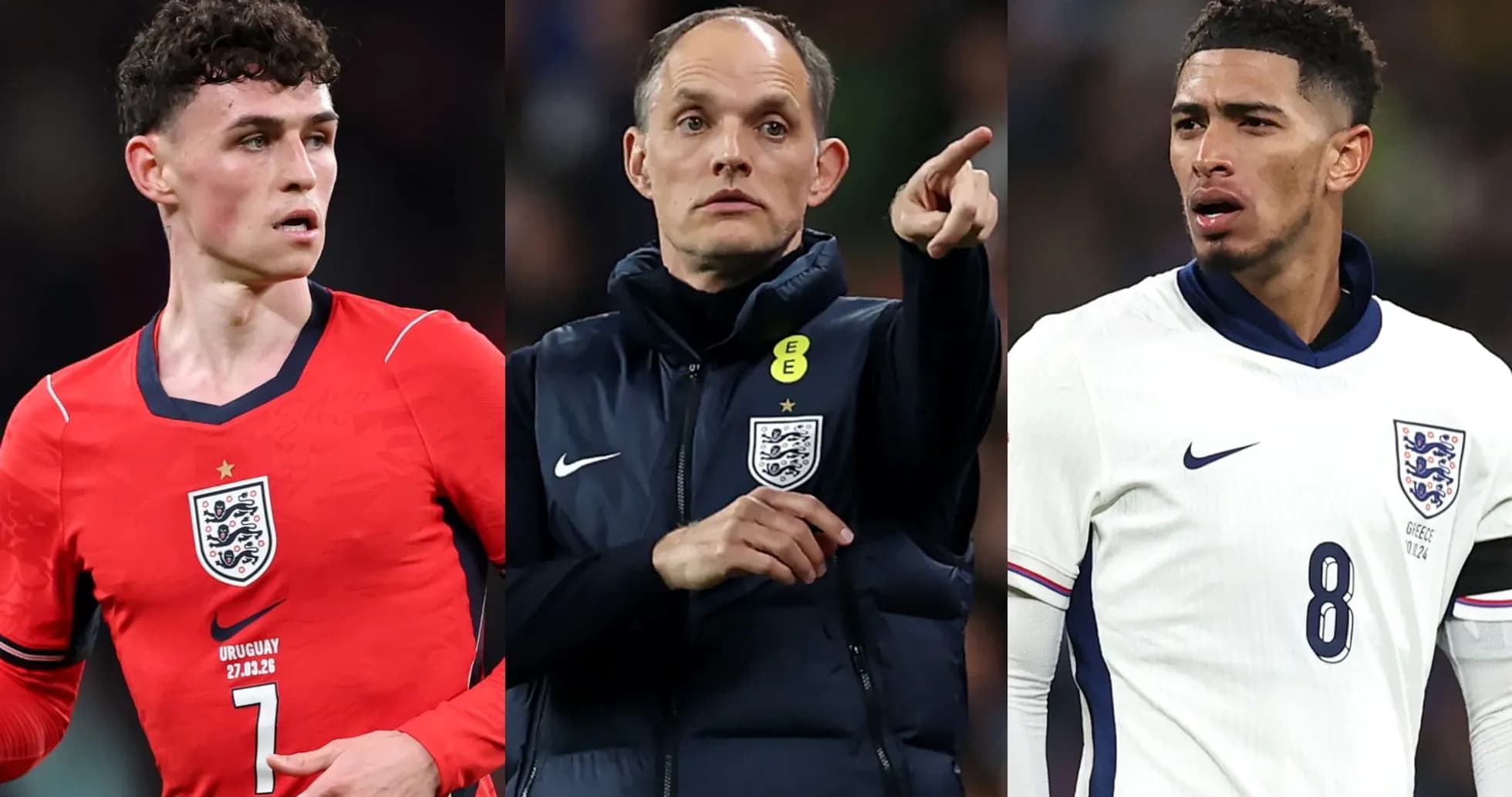 Tres jugadores de Inglaterra en acción durante un partido Tres jugadores de Inglaterra en acción durante un partido