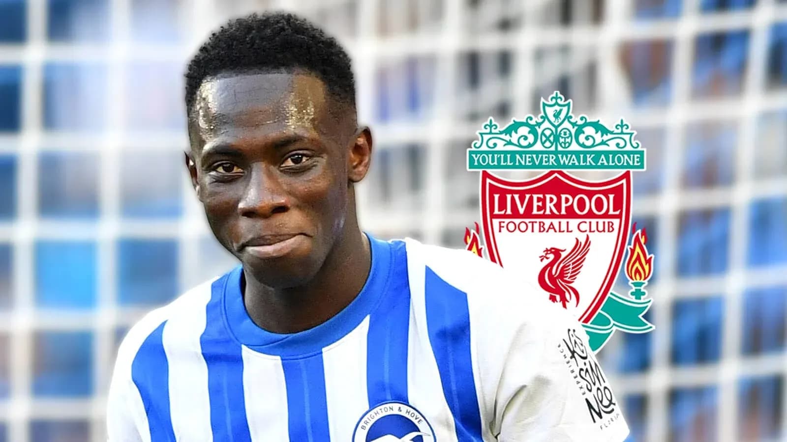 Jugador de Brighton sonriente con logos de Liverpool Jugador de Brighton sonriente con logos de Liverpool