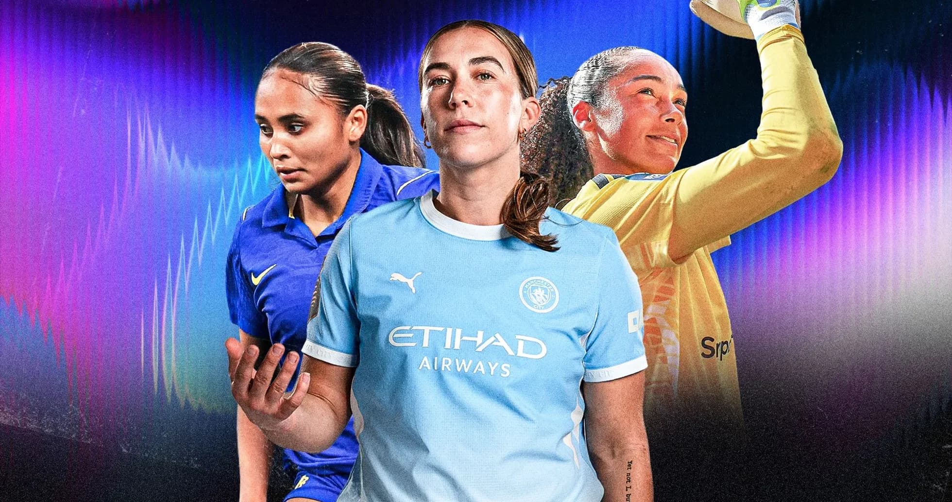 Jugadora de fútbol con uniforme de Manchester City Jugadora de fútbol con uniforme de Manchester City