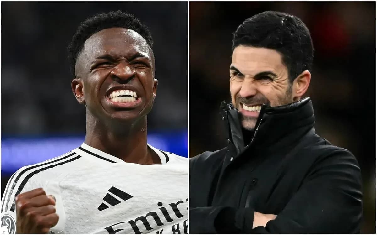 Vinícius Jr. y Mikel Arteta mostrando expresiones intensas Vinícius Jr. y Mikel Arteta mostrando expresiones intensas