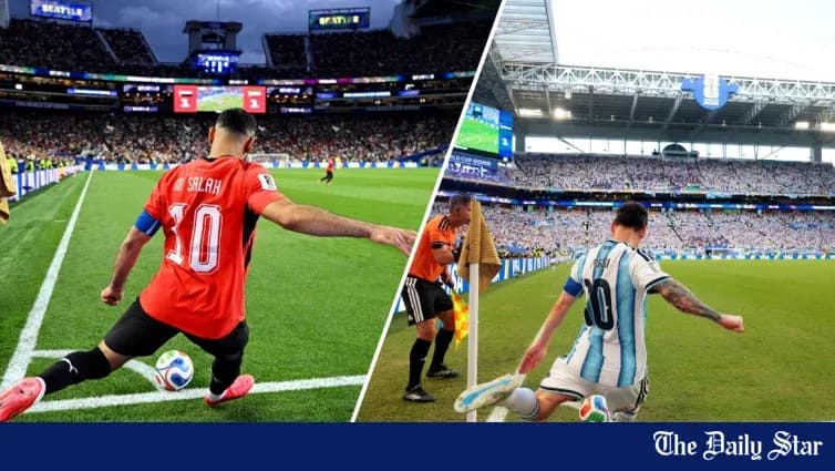 Salah y Messi realizando tiros de esquina en partidos Salah y Messi realizando tiros de esquina en partidos
