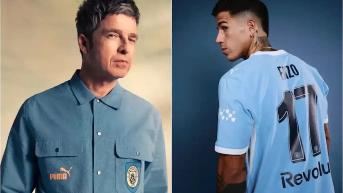 Dos personas posando con ropa de Manchester City Dos personas posando con ropa de Manchester City