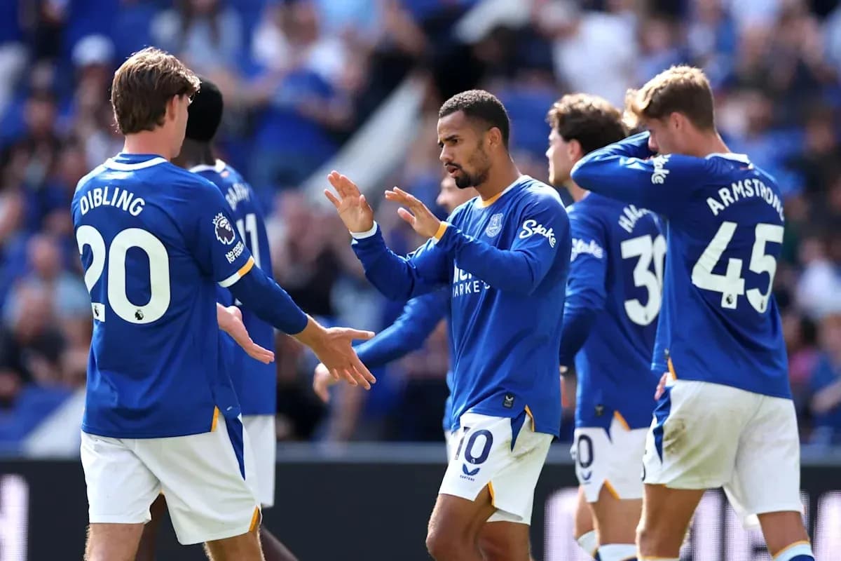Jugadores de Everton celebrando un gol en el campo Jugadores de Everton celebrando un gol en el campo