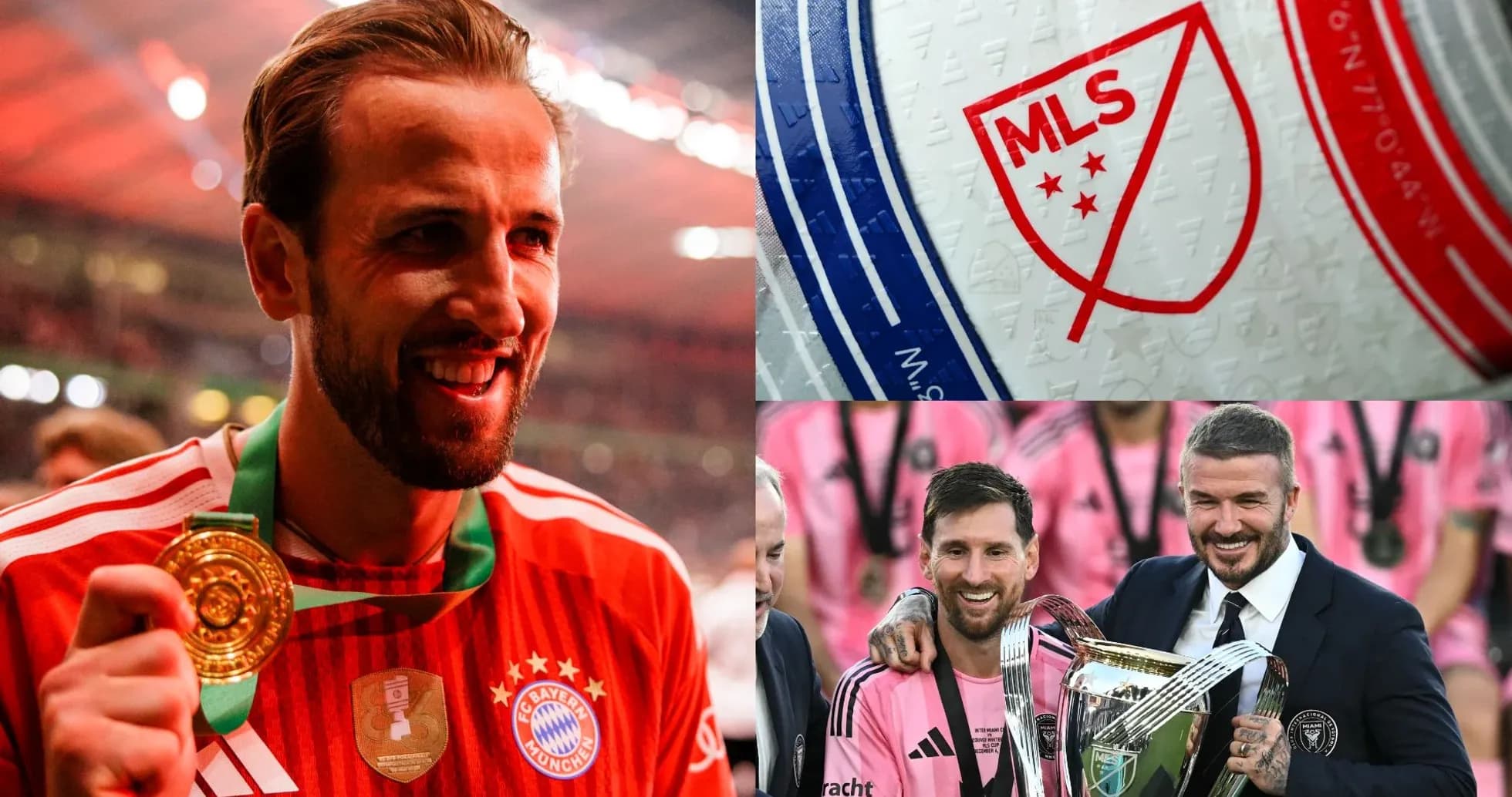 Harry Kane celebrating victory, MLS logo, Messi with Beckham Harry Kane celebrating victory, MLS logo, Messi with Beckham
