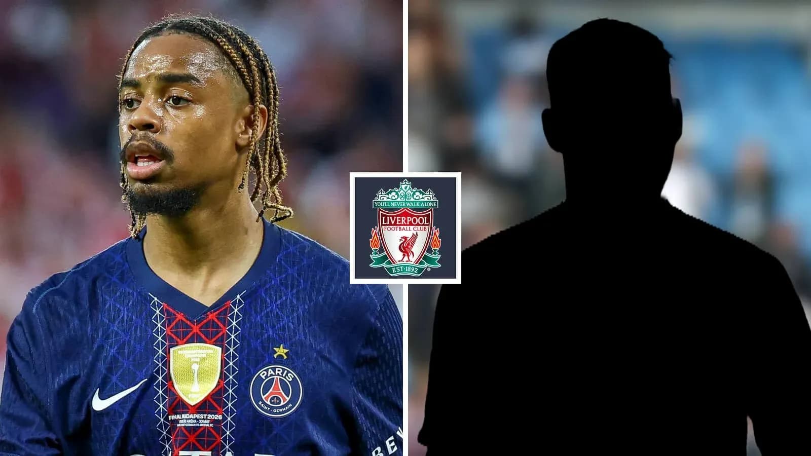 Jugador de PSG con escudo de Liverpool en fondo Jugador de PSG con escudo de Liverpool en fondo