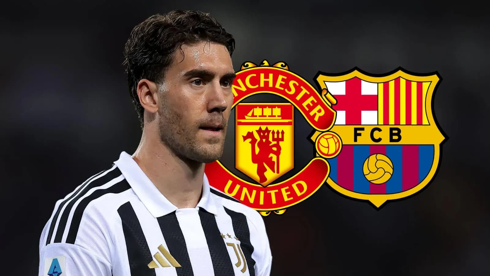 Jugador de Juventus con logos de Manchester United y Barcelona Jugador de Juventus con logos de Manchester United y Barcelona