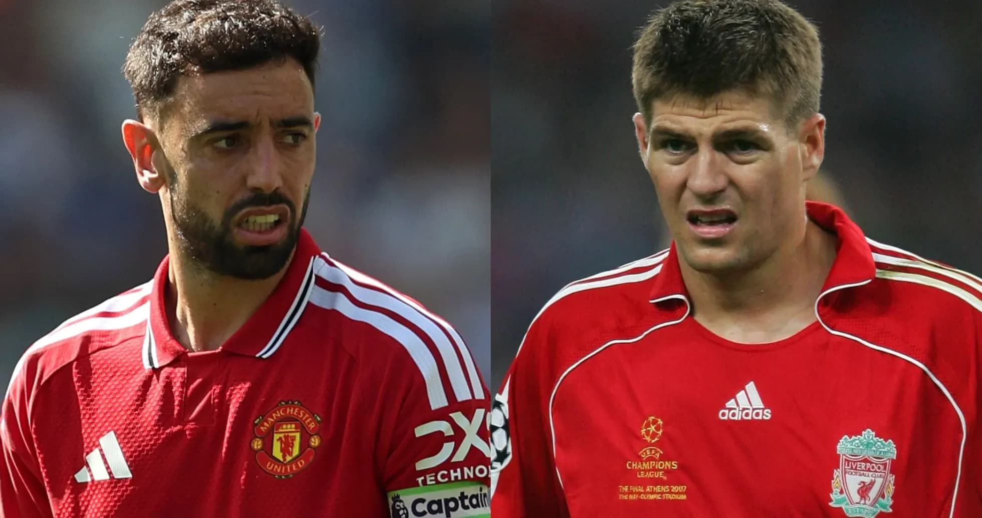 Bruno Fernandes y Steven Gerrard en camisetas de fútbol Bruno Fernandes y Steven Gerrard en camisetas de fútbol