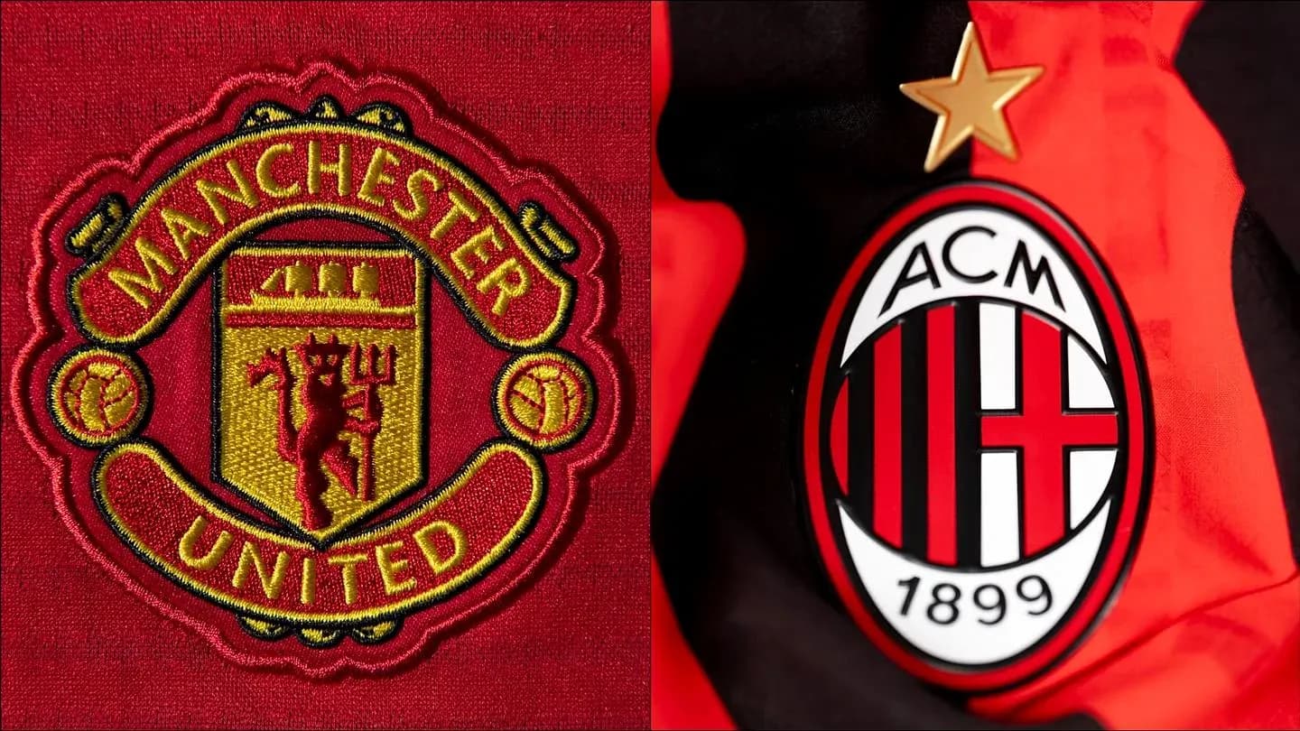 Escudos de Manchester United y AC Milan en tela Escudos de Manchester United y AC Milan en tela