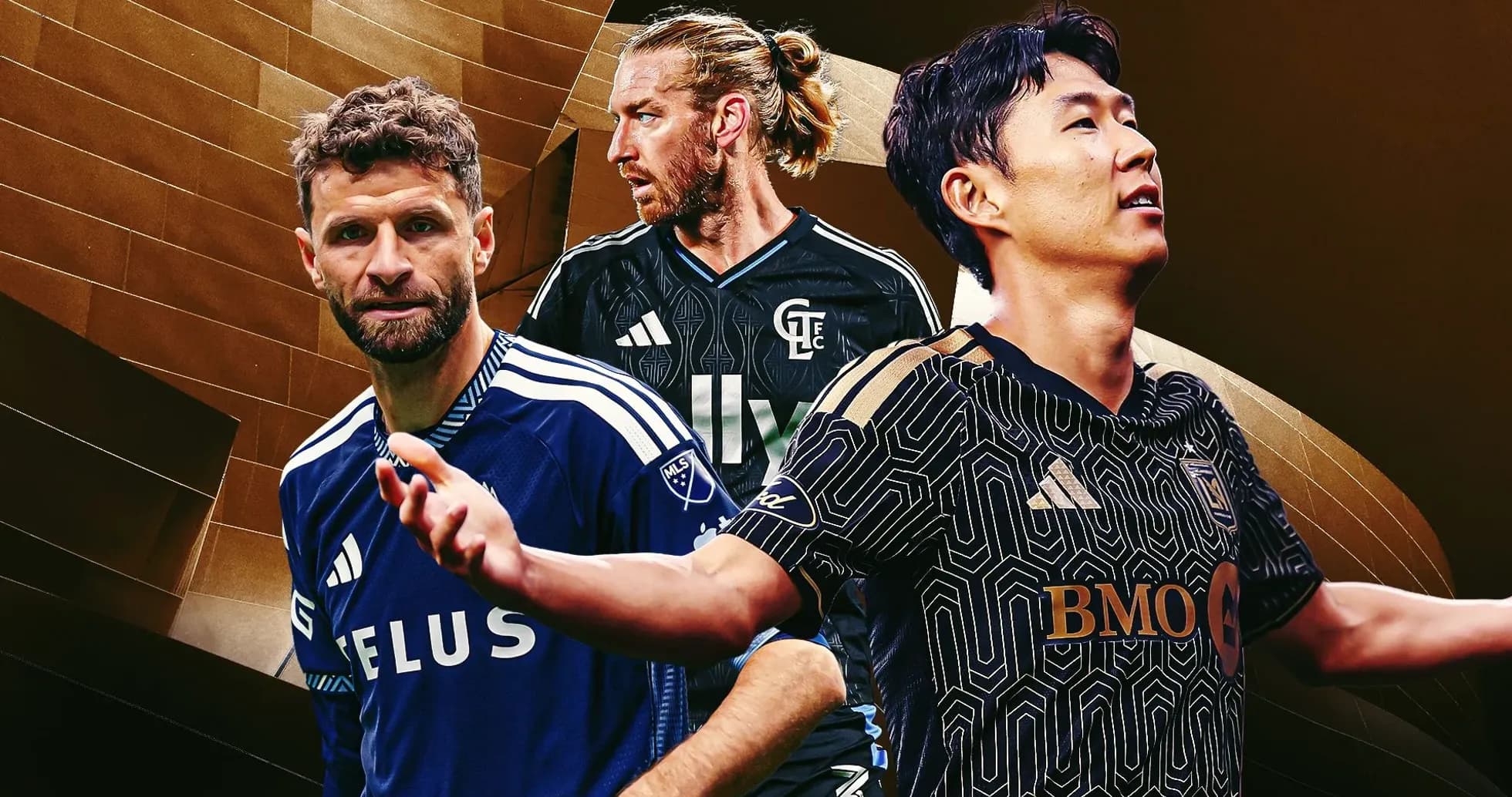 Tres jugadores de fútbol en diferentes camisetas Tres jugadores de fútbol en diferentes camisetas
