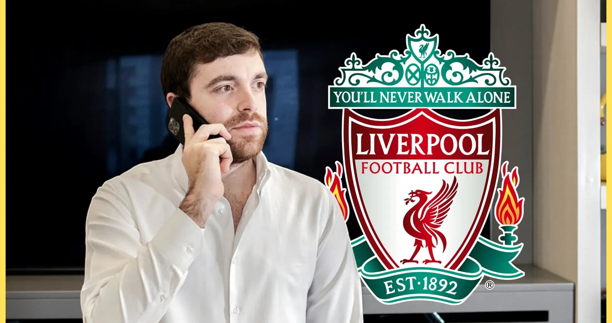 Hombre hablando por teléfono con logo de Liverpool Hombre hablando por teléfono con logo de Liverpool