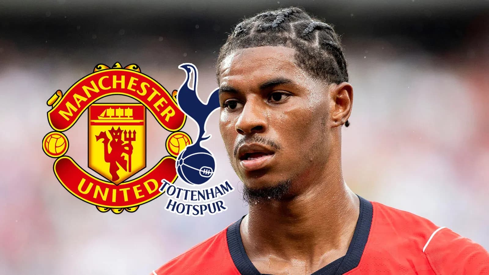 Jugador de fútbol con logos de Manchester United y Tottenham Jugador de fútbol con logos de Manchester United y Tottenham