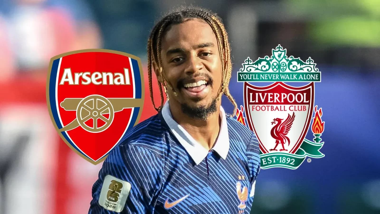 Jugador sonriendo con logos de Arsenal y Liverpool Jugador sonriendo con logos de Arsenal y Liverpool