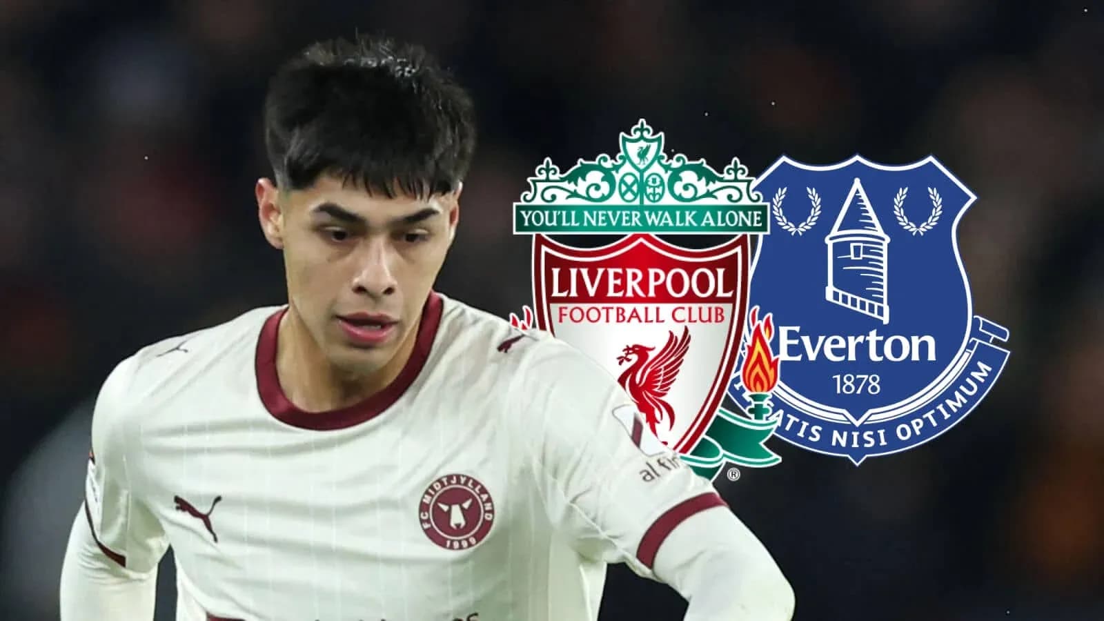 Jugador corriendo con logos de Liverpool y Everton Jugador corriendo con logos de Liverpool y Everton