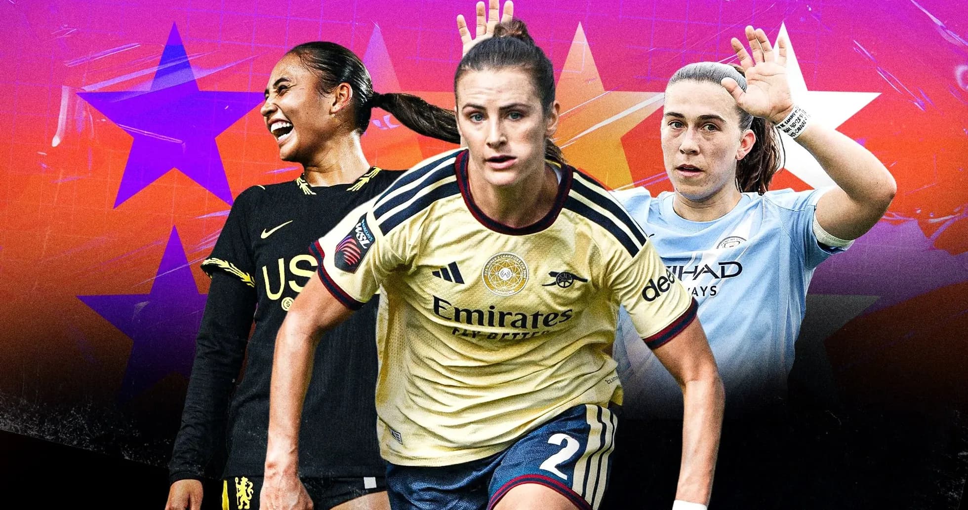 Tres jugadoras de fútbol en acción con fondo colorido Tres jugadoras de fútbol en acción con fondo colorido