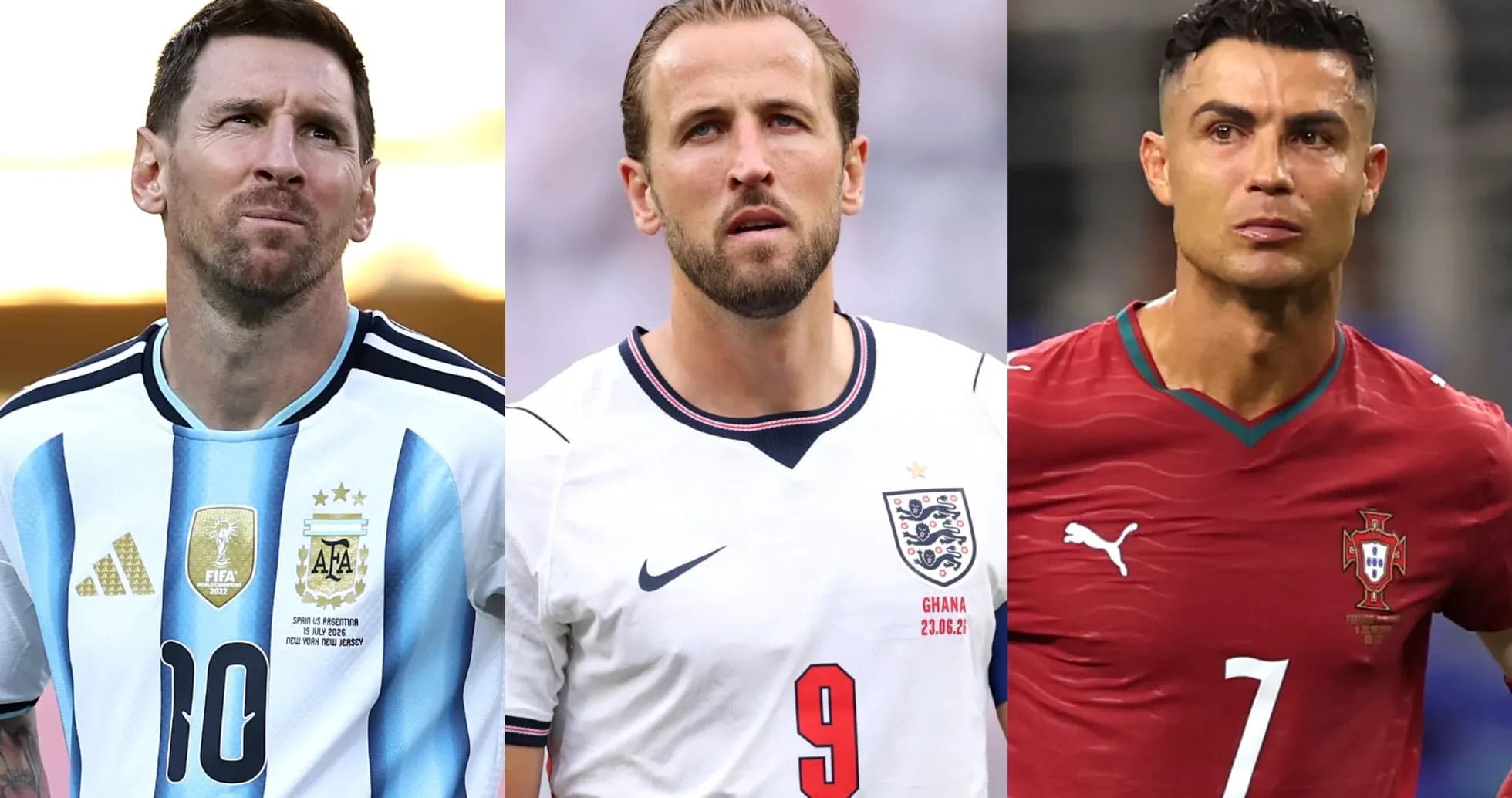 Messi, Kane y Ronaldo en retratos individuales Messi, Kane y Ronaldo en retratos individuales