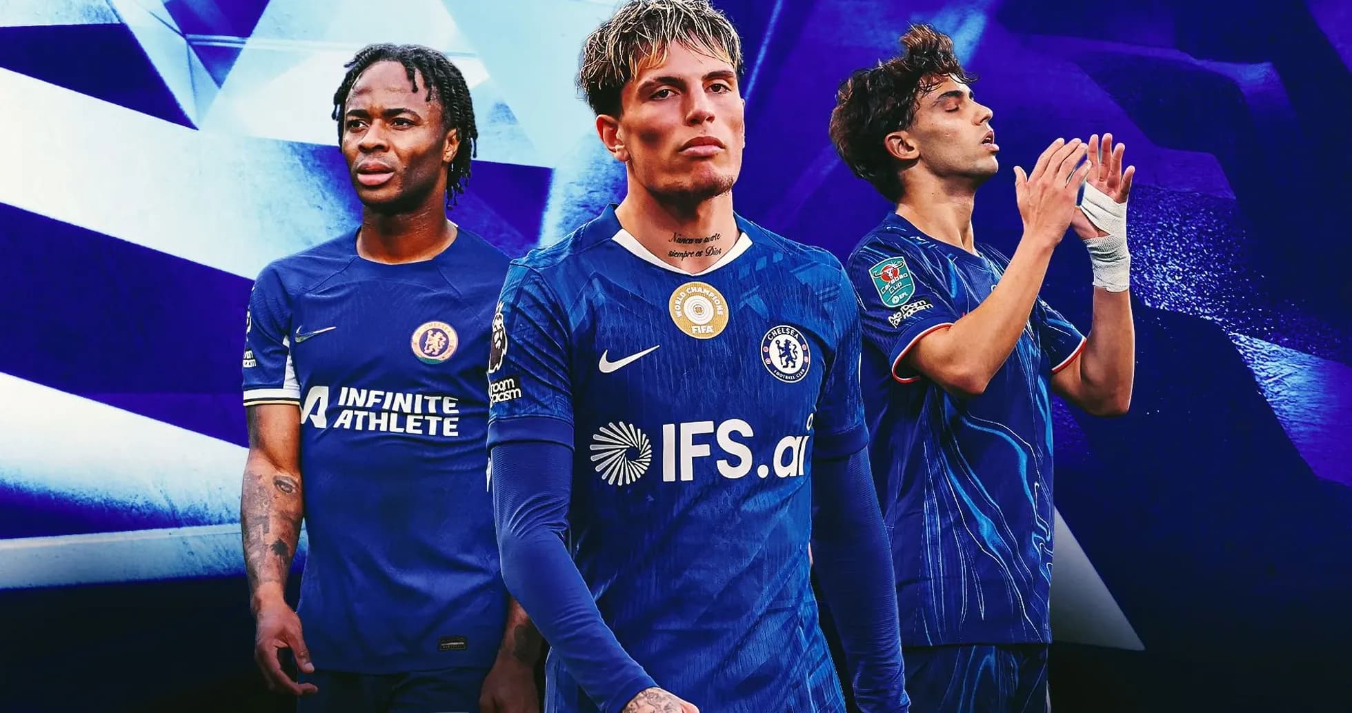 Tres jugadores del Chelsea en uniforme azul Tres jugadores del Chelsea en uniforme azul