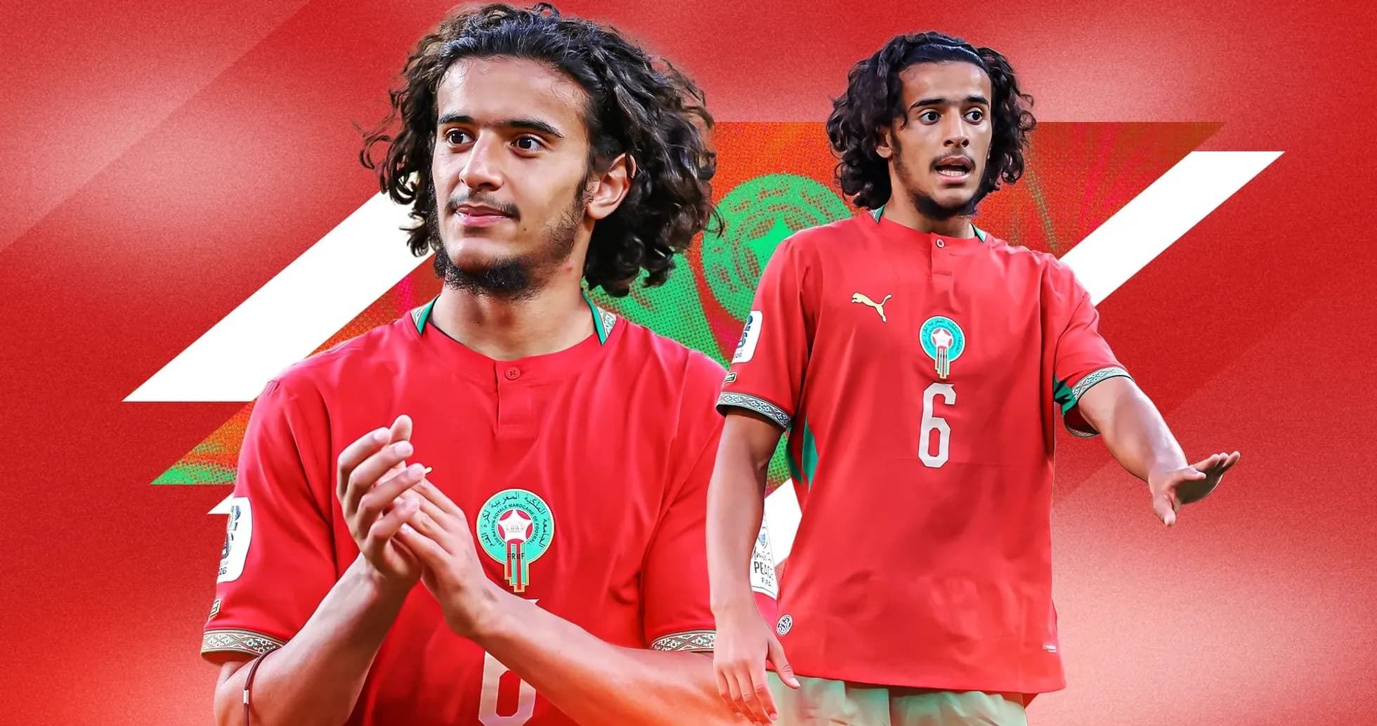 Jugador de Marruecos con camiseta roja en acción Jugador de Marruecos con camiseta roja en acción