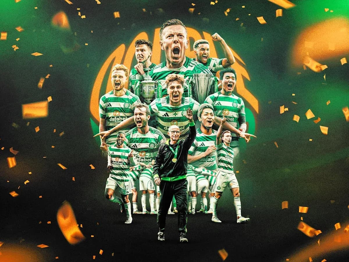 Jugadores de Celtic celebrando con trofeo y confeti Jugadores de Celtic celebrando con trofeo y confeti